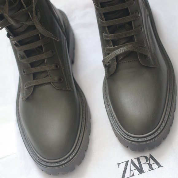 NWT LOW HEEL LACED genuine LEATHER ANKLE KHAKI GREEN BOOTS. - Picture 4 of 8